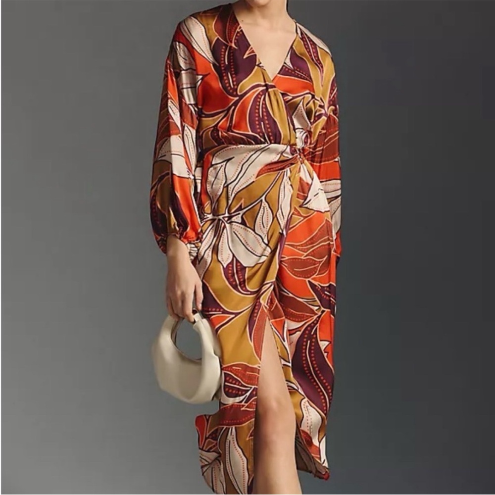 NWT Anthropologie Botanical Print Wrap Midi Dress Rust Boho Chic